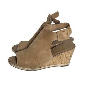 Franco Sarto Jennifer Wedge Sandals Suede Tan Cork Heel Peep Toe Women’s Size 8